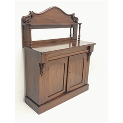 Early Victorian mahogany chiffonier side cabinet, raised shaped back with mirror, single frieze drawer above double panelled cupboard, W104cm, H136cm, D42cm