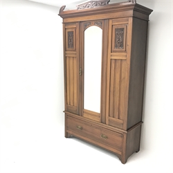 Late Victorian mahogany wardrobe, carved pediment, projecting cornice, single mirrored door above single drawer, W123cm, H127cm, D53cm