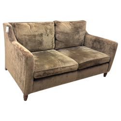 Duresta - three piece 'Finsbury' lounge suite comprising one three-seat sofa, a two-seat sofa and armchair, upholstered in mink coloured velvet, with box seat cushions and deep seat over tapered arms on short stained bun feet (Three seat H 80cm, W 207cm, D105cm, two seat H80cm, W168cm, D105cm, armchair H80cm, W89cm, D105cm)    