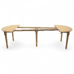Neptune – Sheldrake limed oak extendable dining table and eight Havan loom chairs, the oval top in limed oak finish with four additional leaves extending the table to seat up to ten (Extends to cm), raised on turned legs with two additional centre supports, the matching Havan loom chairs finished in grey with cream upholstered seat covers (H 95cm, W 47cm, D 55cm)