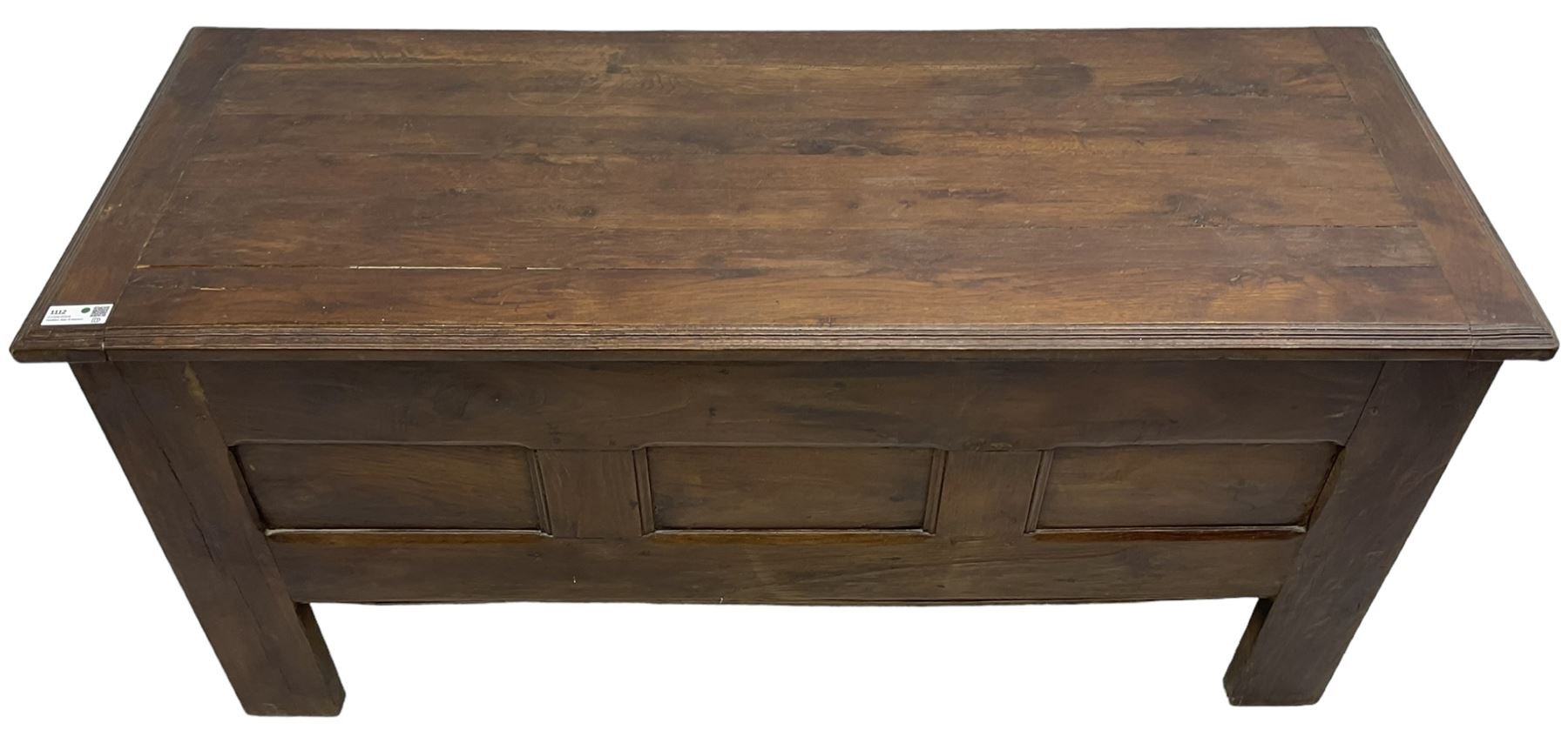Large 18th century oak coffer or chest, rectangular hinged top with moulded edge, over panelled sides with moulded rails, raised on stile supports