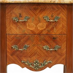 Pair of early 20th century French marquetry bedside cabinets, each serpentine marble top above two drawers with floral inlay, ormolu mounts and handles, on slender cabriole supports with sabots