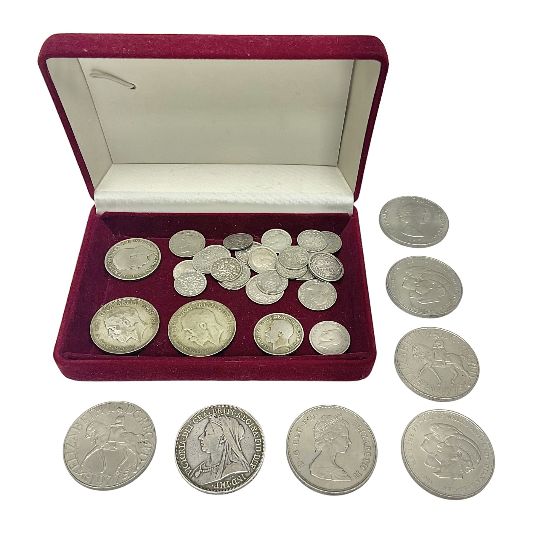 Queen Victoria 1895 silver crown coin, 1887 sixpence, King George V 1920 one shilling, 1921 florin, 1927 and 1931 halfcrowns, various pre 1920 and pre 1947 silver threepence pieces, commemorative crowns etc