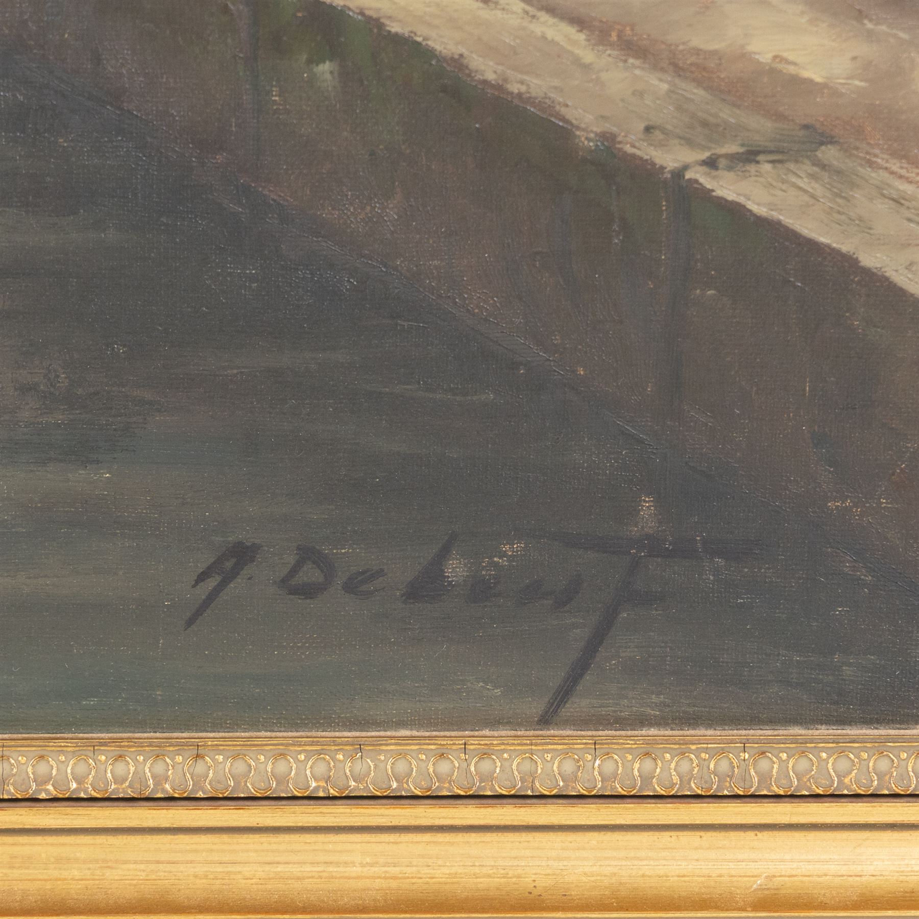Continental School (20th Century): Harbour Scene, oil on canvas board indistinctly signed 58cm x 78cm; E Atkins (19th Century): Pastoral Scene, oil on canvas indistinctly signed and dated 1879, in gilt frame, 30cm x 60cm (2)