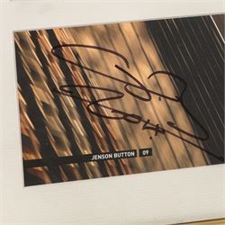 Ten signed Formula 1 photographs, comprising eight Damon Hill examples, Jenson Button and a Nigel Mansell example, nine with certificates of authenticity from Write Stuff Autographs, all framed, largest H47cm, W67cm