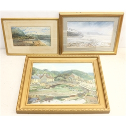 David Biglands (Northern British late 20th century): Sandsend, watercolour and gouache signed twice, together with a further watercolour and oil of Sandsend, both unsigned, max 31cm x 39cm (3)