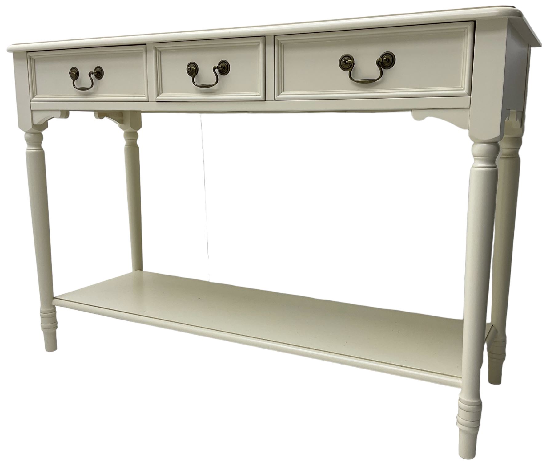 Laura Ashley - 'Clifton' ivory finish three drawer console table, fitted with three frieze drawers with heavily moulded edges, raised on turned supports united by undertier