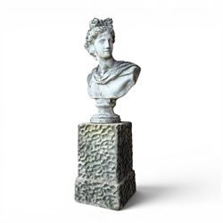 Roman Neoclassical style cast stone bust, weathered finish, raised on textured stone plinth of tapering form