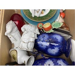 Shelley Maytime pattern sauce boat and saucer, Hornsea vases, blue and white Willow pattern dinner wares and a collection of other ceramics and glassware, in four boxes 