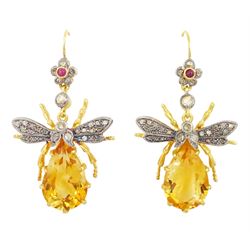 Pair of silver-gilt and 9ct gold pear cut citrine and rose cut diamond insect pendant earr...
