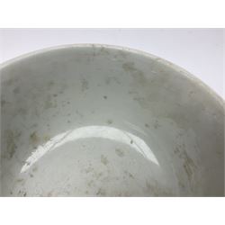 Pair of Chinese famille jaune bowls, decorated in green enamel with a dragon chasing a flaming pearl amongst clouds, upon a yellow ground, the interior decorated to centre with dragon, with six character mark beneath, D17.5cm