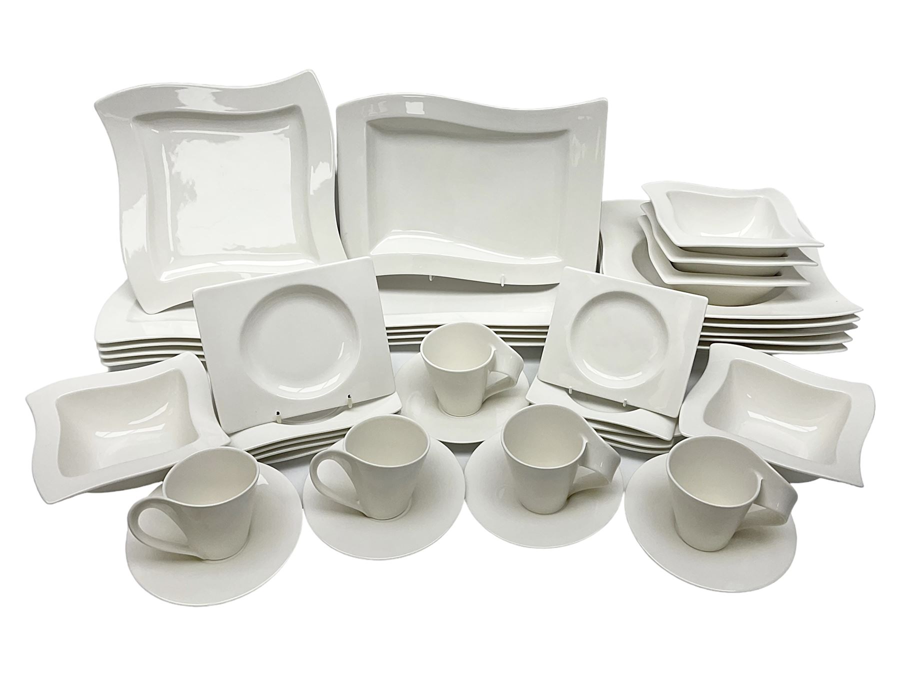 Villeroy & Boch New Wave pattern dinner and tea service for five people, comprising square dinner plates, rectangular dinner plates, pasta bowls, cereal bowls, coffee cups and saucers, side plates and dessert plates, all with printed mark beneath