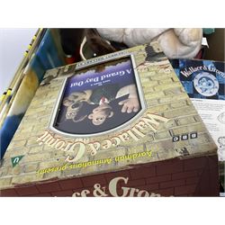 Wallace and Gromit and Shaun the Sheep collectables, including alarm clocks, plates, cafetiere, soft toys, etc, in two boxes