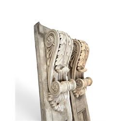 Pair of 19th century pine architectural pilasters, with painted terracotta capitols, with acanthus and scroll detail (18cm x 15cm x 57cm)