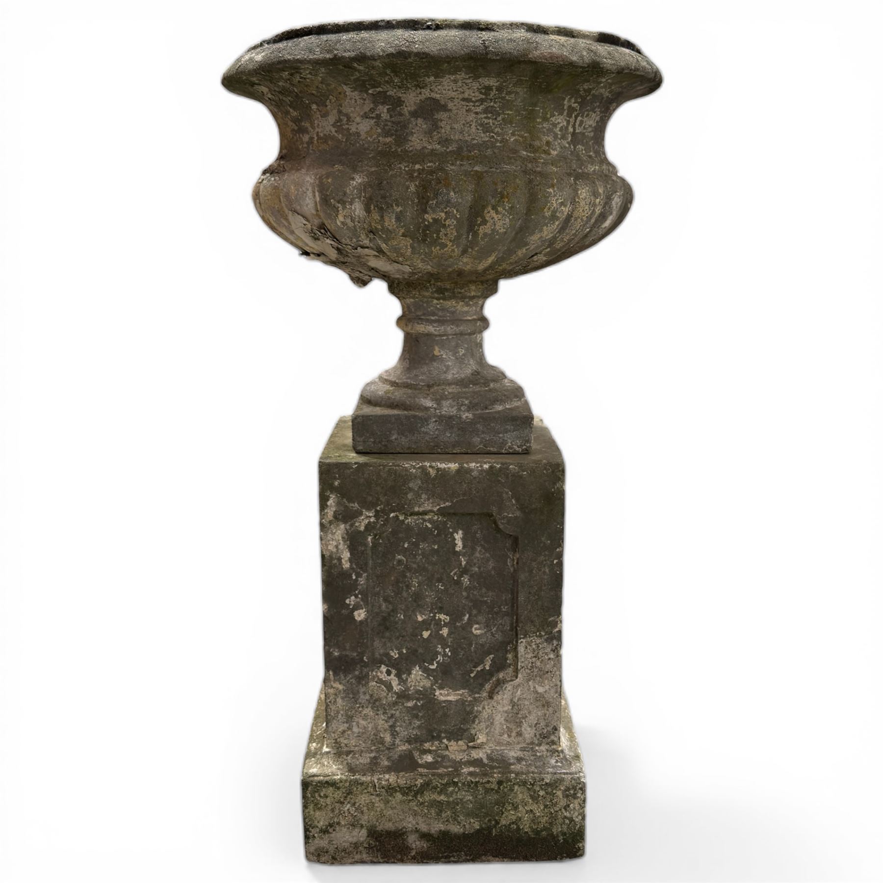 Pair of 20th century cast stone urns on plinths 