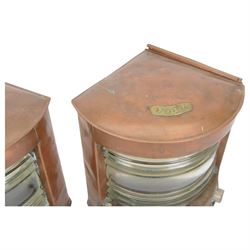 Pair of 'Starboard' and 'Port' copper ship's lamps, of bow-fronted triangular form, H22cm