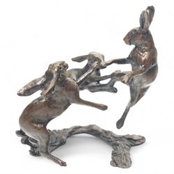 Michael Simpson (British Contemporary): Leaping Hare and Three Hares Dancing, two bronzes, one limited edition signed and numbered 273/350 to base, the other apparently unsigned, larger H7cm (2)