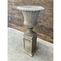 Large Georgian design cast stone garden centre-piece urn, egg and dart border, tapering column on square base, raised on square column