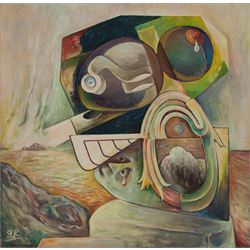 Graham Kingsley Brown (British 1932-2011): ‘Siren Rock’, oil on board, signed titled and dated 1985 verso, 59.5cm x 65cm 
Notes: This is a very rare, one-off, larger work, which employs clear abstract forms of in a style of the mid 1980s which followed the surrealist pieces. The 'Siren Rock' refers to the Greek myth 
of the Sirens of Homer’s Odyssey,  female humanlike beings with alluring voices who lured sailors to their death.