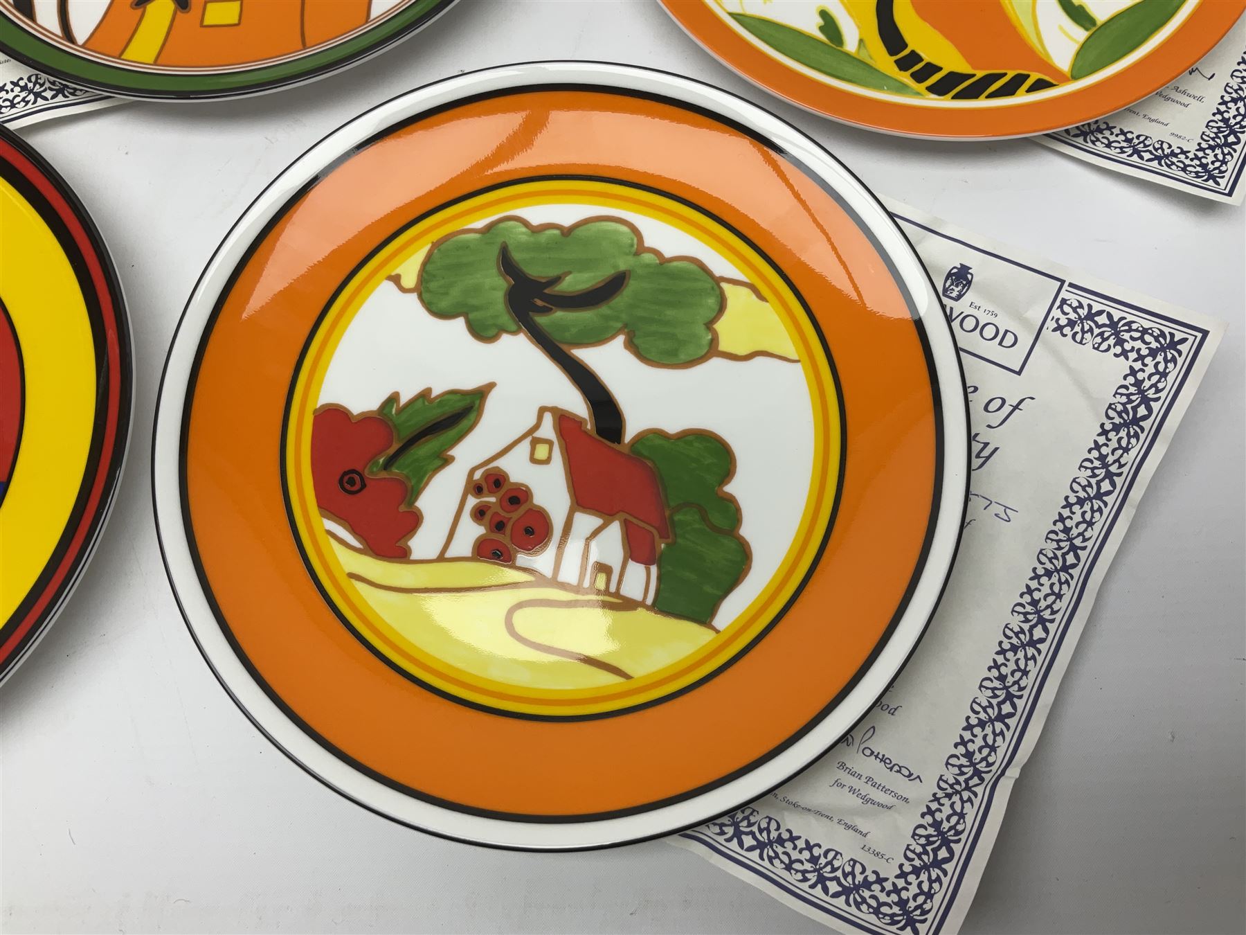 Thirteen Clarice Cliff Wedgwood limited edition plates, including Orange Roof Cottage, Summerhouse, Honolulu, Farmhouse etc, D20cm 
