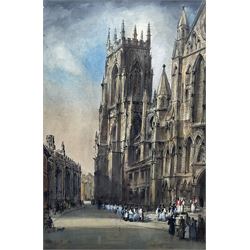 Joseph Ridley Ratcliffe McCulloch RBA (British 1893-1961): 'York Minster', pen watercolour and gouache signed titled and dated 1949, 54cm x 36cm
Notes and Provenance: McCulloch draughtsman, watercolourist, printmaker and teacher born and educated in Leeds at Brudenell School Hyde Park, gained a diploma at the Royal College of Art in 1912. Taught at Ipswich School of Art and life drawing at Goldsmiths' College of Art 1941-1950. Unfortunately came to a sad end, reportedly selling papers and matches on the London streets; this work exh. Chelsea Arts Club where he was a member, label verso
