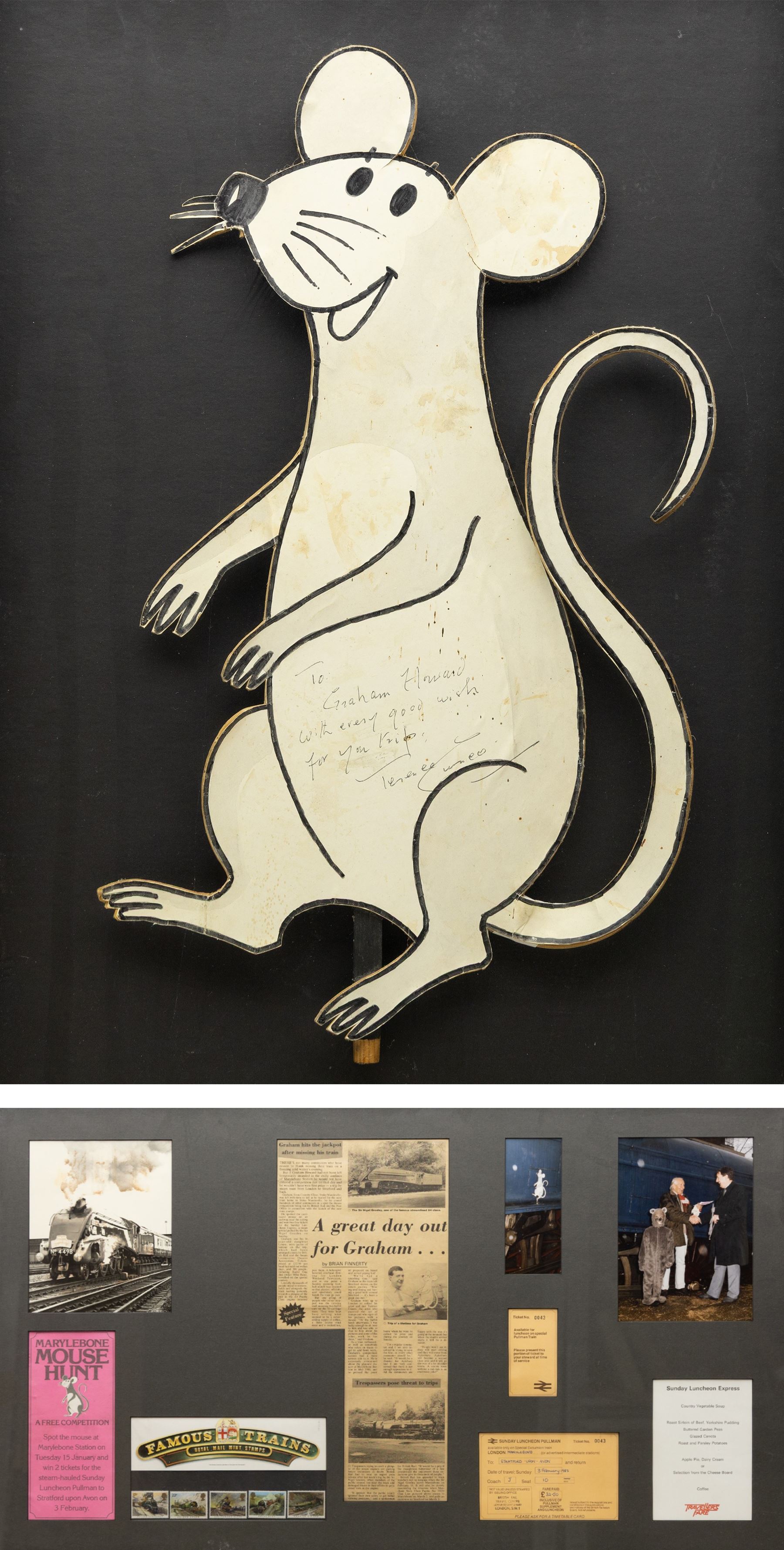 Terence Cuneo (British 1907-1996): Mouse, ink and wash on paper inscribed and signed, on backing 48cm x 30cm; together with a framed collection of associated ephemera, including photographs, press cuttings, competition flyer, Pullman luncheon tickets and menu, documenting the event and prizewinner’s excursion
Notes: the mouse is the original artwork affixed to the locomotive for the 1985 British Rail Marylebone Mouse Hunt, as pictured in the photograph