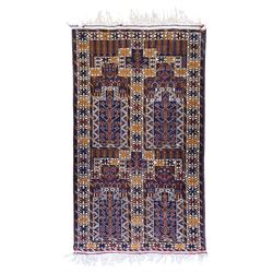 Persian Beluchi indigo ground prayer rug, overall geometric design (147cm x 85cm); together with a Bokhara rust ground rug (146cm x 101cm)
