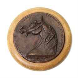 Two commemorative bronze medallions, each depicting horses, the first with 'Salon du Cheval Paris 1975 - Juge' plaque, the other from the Asociación Española de Criadores de Caballos Árabes, together with further decorative composite animals, including a cat after  Emmanuel Frémiet, and others (7)