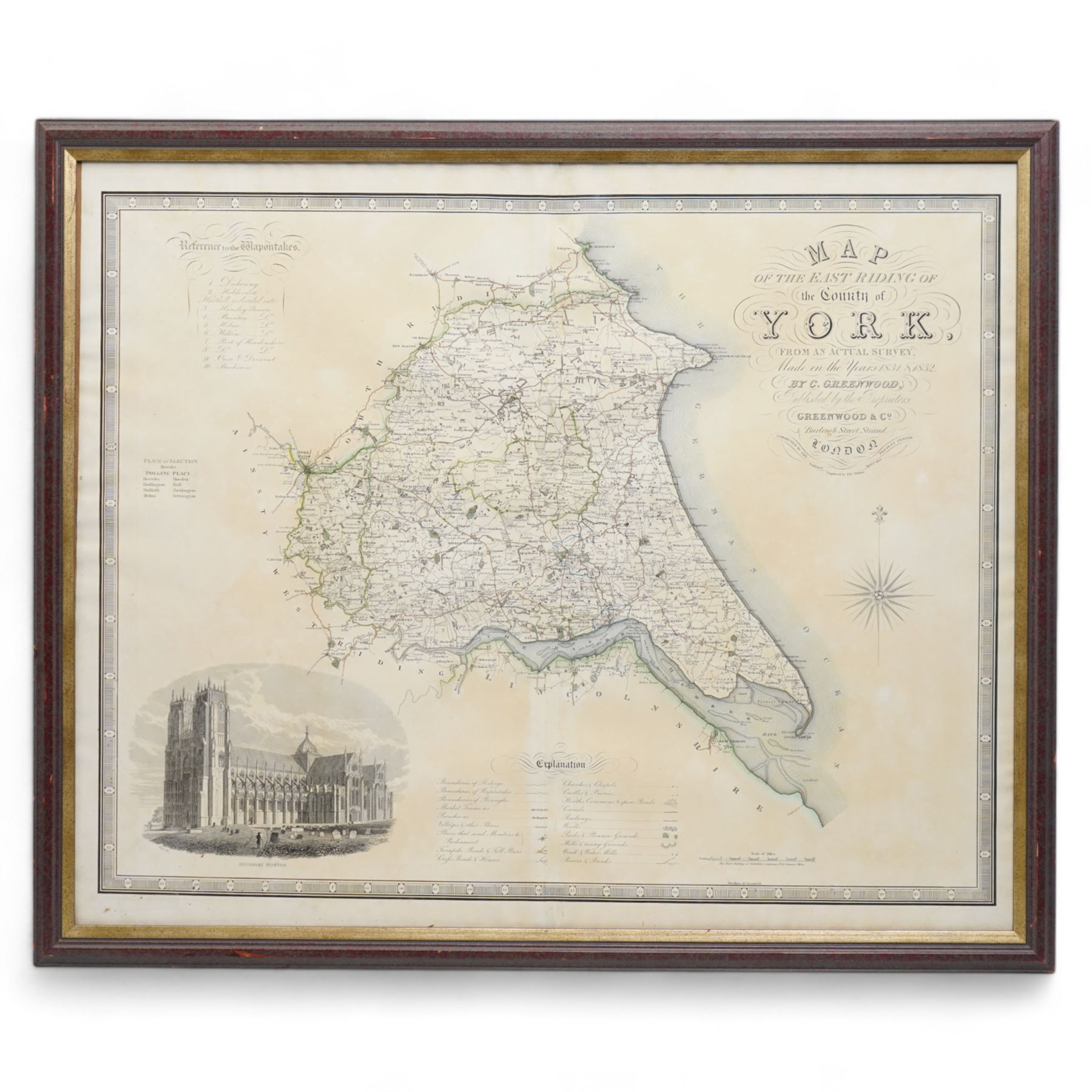 Christopher Greenwood (British 1786-1855): 'Map of the East Riding of the County of York', 19th century map with hand-colouring pub.1834, 62cm x 77cm