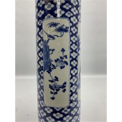19th century Chinese vase of cylindrical form with flared neck, decorated in blue and white with alternating panels of figures and birds amongst fruiting branches, upon repeating blossom ground, with four character mark to base, H35cm