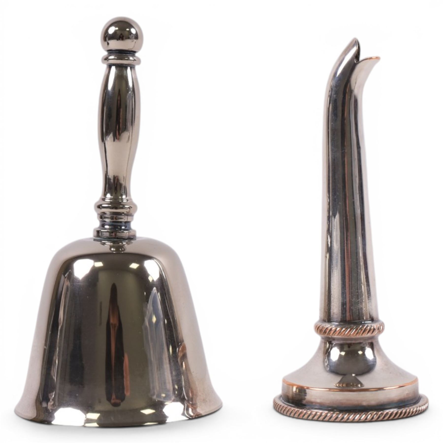 Silver mustard pot and spoon, both hallmarked, together with a silver plated trophy, wine funnel and bell