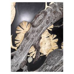 Meiji period (1868–1912), Shibayama lacquer carved hardwood two-fold screen inlaid with mother-of-pearl, bone, and ivory, decorated on one side in high relief and inlaid in a  Shibayama manner with oriental storks flying below flowering branches,  the reverse lacquer panels depicting flowering cherry trees. This item has been registered for sale under section 10 of the APHA Ivory Act.