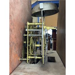 Early 19th century oak and rosewood banded longcase clock, scrolled pediment over stepped arch hood door, enamel painted dial indistinctly signed for a Penrith maker, 30-hour movement striking on bell