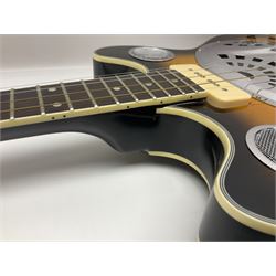 Eastwood of Canada Delta 4 electric four-string tenor resonator guitar with tobacco sunburst finish, serial no.1703437 L100cm; in original soft carrying case
