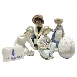 Four Lladro figures, comprising Hello Flowers no 5543, Dozing no 5155, Thoughtful Caress no 5990 and Little Girl with Slipper no 4523, together with a Lladro plaque and Lladro 1994 Easter egg, all with original boxes, H21cm