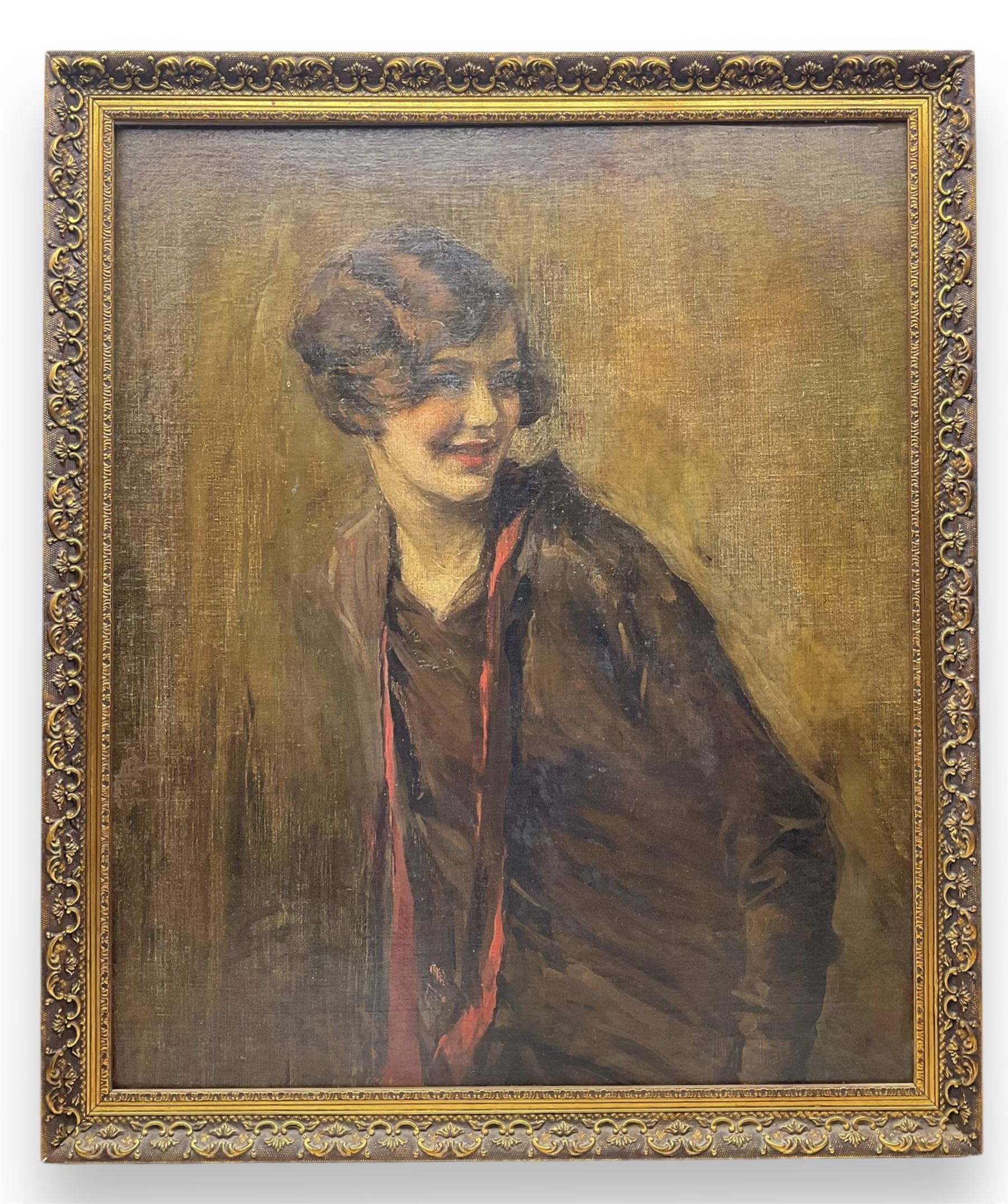 Isaac Michael Cohen (Australian 1884-1951): Portrait of Smiling Girl with Red Scarf, oil on canvas signed with monogram, with James Bourlet & Sons label verso 76cm x 63cm 