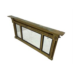 19th century gilt framed overmantel mirror with inverted breakfront cornice over three mirror panels framed by ornate columns