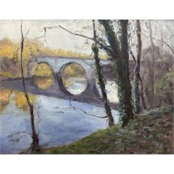 Neil Tyler (British 1945-): 'A Bridge over the Wear - Durham', oil on board signed, titled verso 45cm x 57cm