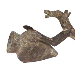 Early anthropometric bronze, possibly African, modelled as a dog holding urn, L20cm