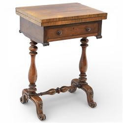 Mid 19th century Victorian rosewood fold over games table, hinged top enclosing inlaid che...