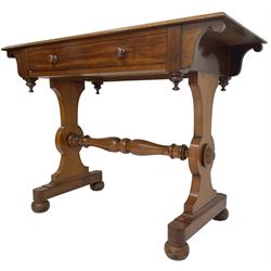 Victorian design mahogany side table, fitted with single drawer, raised on shaped end supports with bun feet, united by turned stretcher