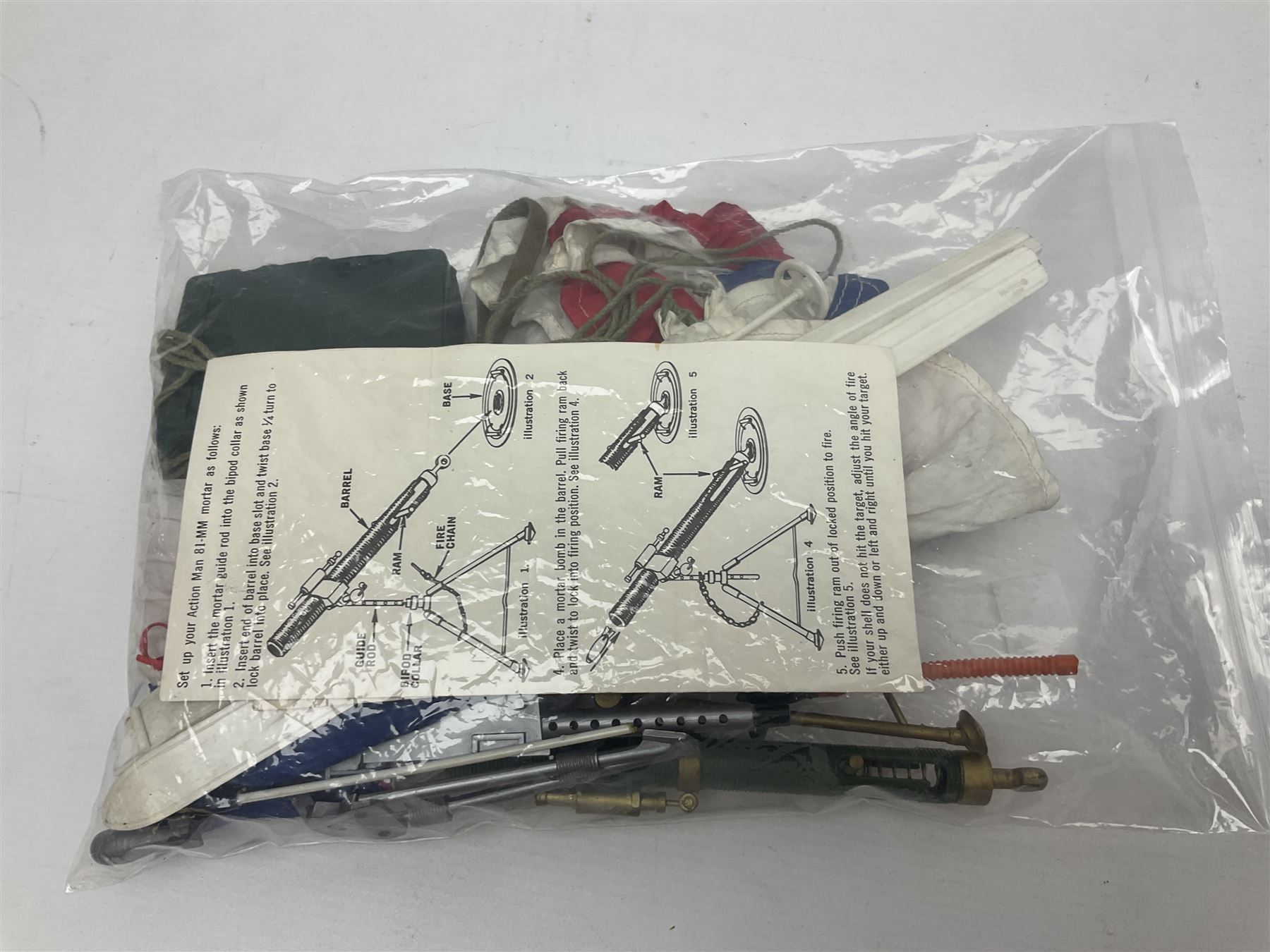 Action Man - five figures marked on the back 'Made in England by Palitoy under licence from Hasbro 1964', one dressed as a German Stormtrooper, one as a Red Devil Pilot and three in army uniform; another similar action figure marked to the right buttock ' G.I. Joe Copyright 1964 by Hasbro Patent Pending Made in Canada' dressed in army uniform; together with an Action Man jeep, field gun, mortar and machine guns and other accessories including helmets and weapons, parachute, diving equipment, skis and snow shoes, boots, uniforms etc; all unboxed