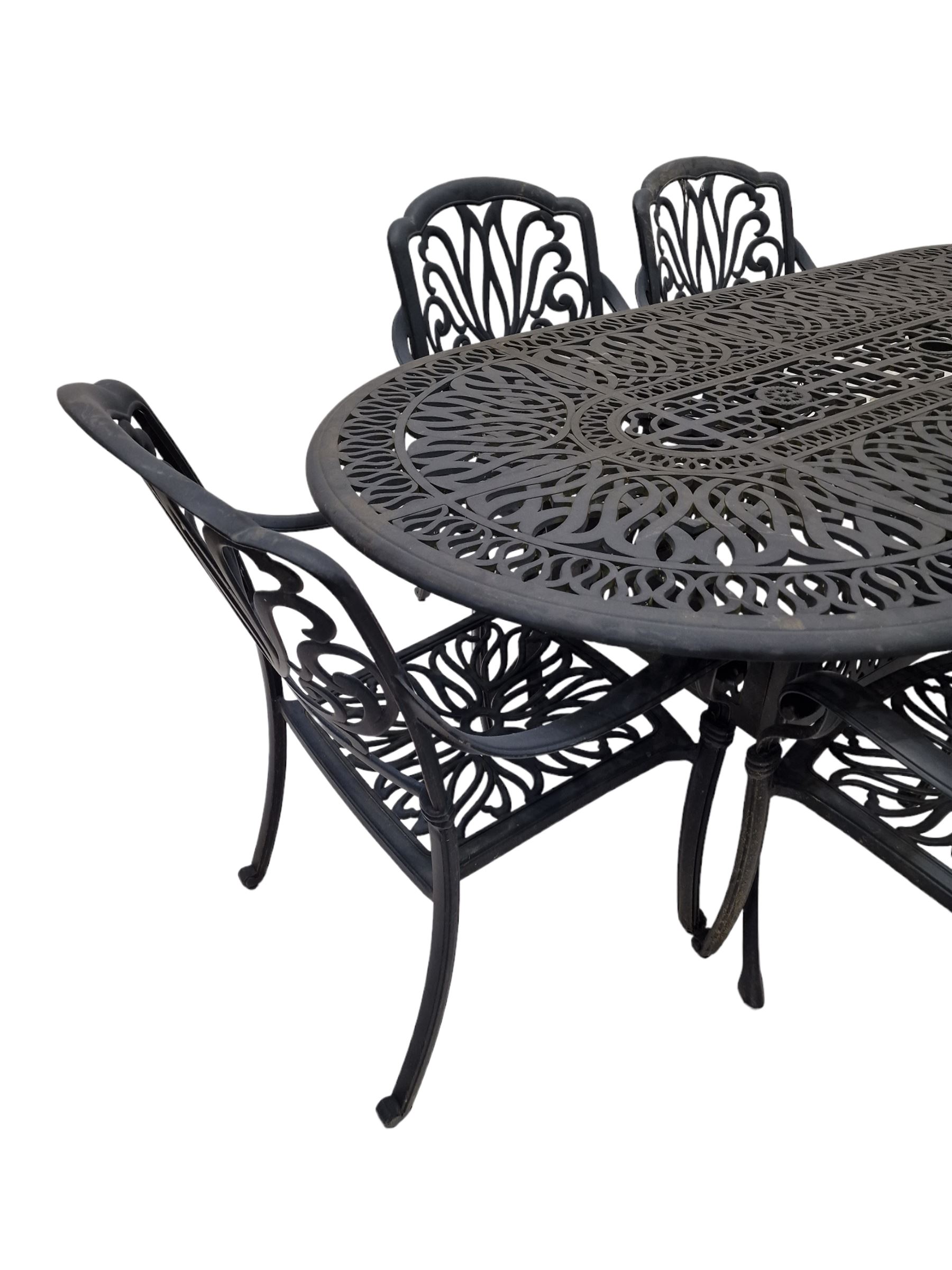 Victorian design painted aluminium oval garden table and six chairs - THIS LOT IS TO BE COLLECTED BY APPOINTMENT FROM DUGGLEBY STORAGE, GREAT HILL, EASTFIELD, SCARBOROUGH, YO11 3TX