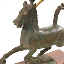 Table lamp, with bronze Tang horse upon the wooden base, H56cm with shade 