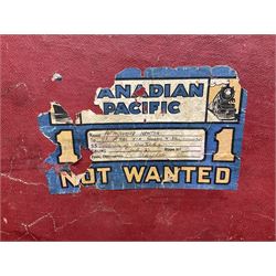 Early 20th century leather suitcase marked to the top 'Major P.M. Newton R.E. Crossways, Bridlington, East Yorkshire' 60 x 40cm; another similar leather suitcase marked W.D. to the lid; three post-WW2 respirators; and three unopened pairs of British Army N.B.C. (Nuclear Biological Chemical) No.1 Mk.III Trousers Protective (8)