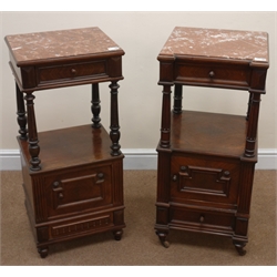  Matching pair 19th century rosewood and walnut marble top bedside cabinets, single frieze drawer, turned tapering reeded supports, marble lined cupboard, turned supports, W40cm, H90cm, D41cm (2)  