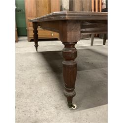 Late Victorian walnut dining table, moulded rectangular top with canted corners, two additional leaves and telescopic extending action, on ring turned and reed carved supports, brass cups and ceramic castors - THIS LOT IS TO BE COLLECTED BY APPOINTMENT FROM THE OLD BUFFER DEPOT, MELBOURNE PLACE, SOWERBY, THIRSK, YO7 1QY