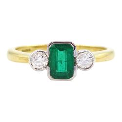 18ct gold three stone octagonal cut emerald and round brilliant cut diamond ring, London 2004, emerald approx 0.50 carat, total diamond weight approx carat 0.20