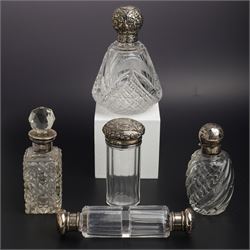 Victorian glass double ended scent flask with screw off silver covers London 1887, globe s...