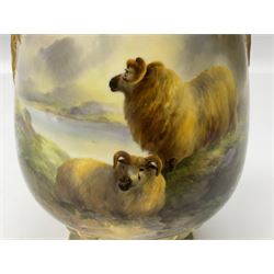 Early 20th century Royal Worcester vase decorated by Harry Davis, of ovoid form with twin acanthus mounted handles and waisted high neck supporting a domed cover, upon a circular foot, the body hand painted with sheep in a highland landscape, signed H Davis, with puce printed marks beneath including shape number 2425, and date code for 1907, H27.5cm